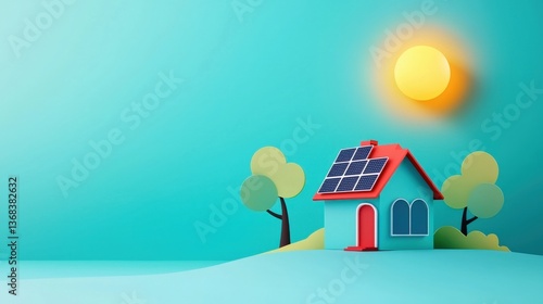 Floating house with solar panels glowing under a digital sun