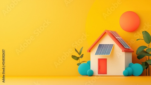 Floating house with solar panels glowing under a digital sun