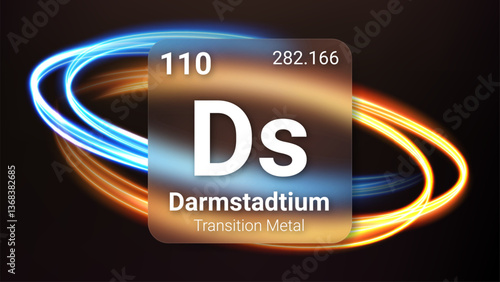 Darmstadtium (Ds) (110) Transition Metal, Glass Morphism Element Futuristic Neon Light Glow Background Periodic Table, Chemical Symbol, Name, Atomic Mass, Atomic Number, Vector Illustration