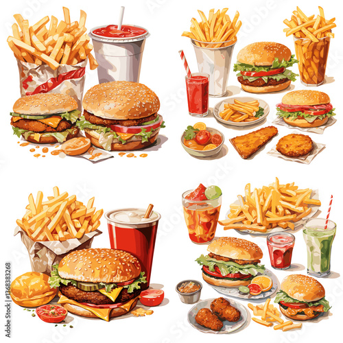 Watercolor fast food meal set with burgers, fries, fried chicken, and soda. Perfect for menu design, restaurant ads, food delivery promos, and American diner-style illustrations.

