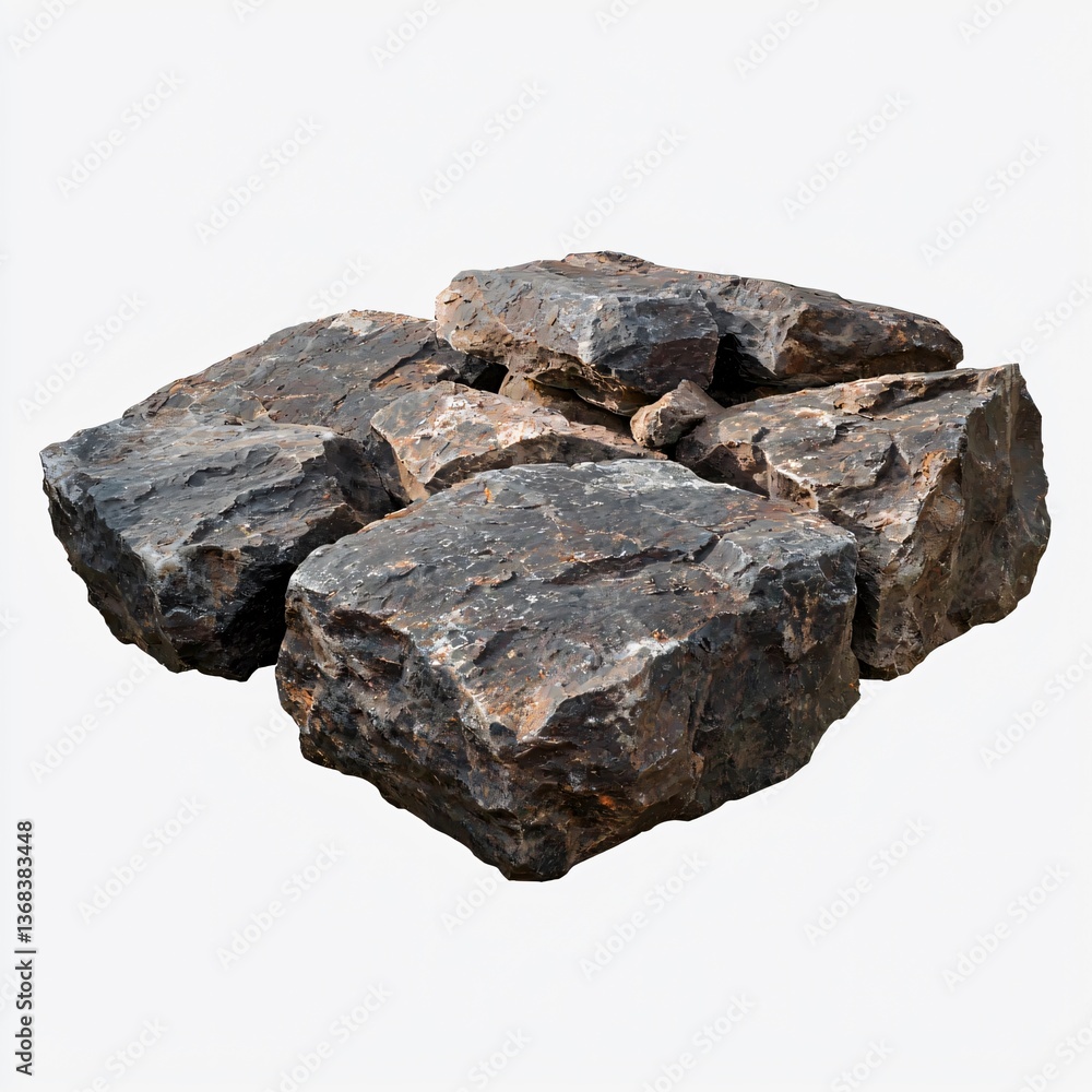 Naklejka premium Pile of rough-hewn, dark grey-brown rocks against white background. Rugged texture and natural form