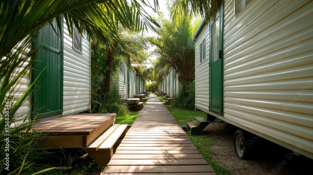 A serene pathway flanked by charming cabins, embraced by lush greenery and vibrant palm trees, illuminated by golden sunlight, creating a peaceful and inviting atmosphere. A serene pathway flanked by charming cabins, embraced by lush greenery and vibrant palm trees, illuminated by golden sunlight, creating a peaceful and inviting atmosphere.