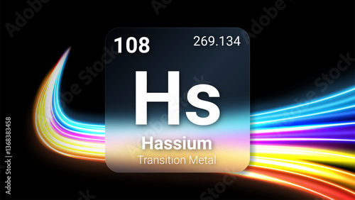 Hassium (Hs) (108) Transition Metal, Glass Morphism Element Futuristic Neon Light Glow Background Periodic Table, Chemical Symbol, Name, Atomic Mass, Atomic Number, Vector Illustration