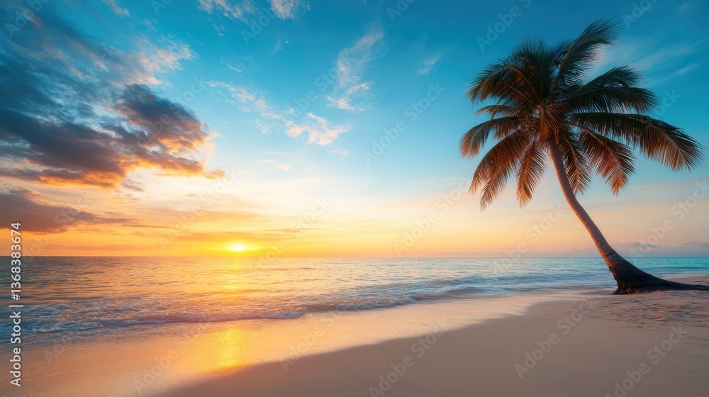 Obraz premium An enchanting sunset over a serene beach featuring distinct palm contours, capturing the essence of tranquility and scenic beauty that invites contemplation.