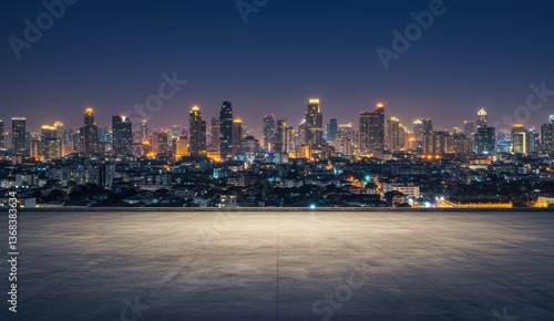 Night city skyline of Bangkok reveals high-rise buildings and vibrant lights, showcasing urban lifestyle and travel aspirations.