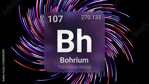 Bohrium (Bh) (107) Transition Metal, Glass Morphism Element Futuristic Neon Light Glow Background Periodic Table, Chemical Symbol, Name, Atomic Mass, Atomic Number, Vector Illustration