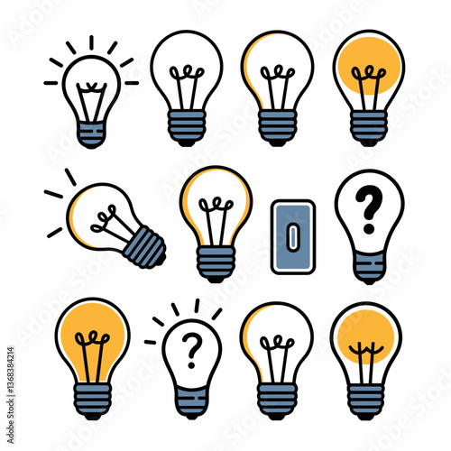 Vector icon sheet of lightbulbs with question marks and switches – Perfect for decision-making themes, brainstorming content, or innovation graphics.