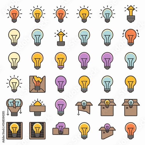 Vector icon sheet of lightbulbs in various states – Ideal for energy concepts, creativity themes, or infographic design.