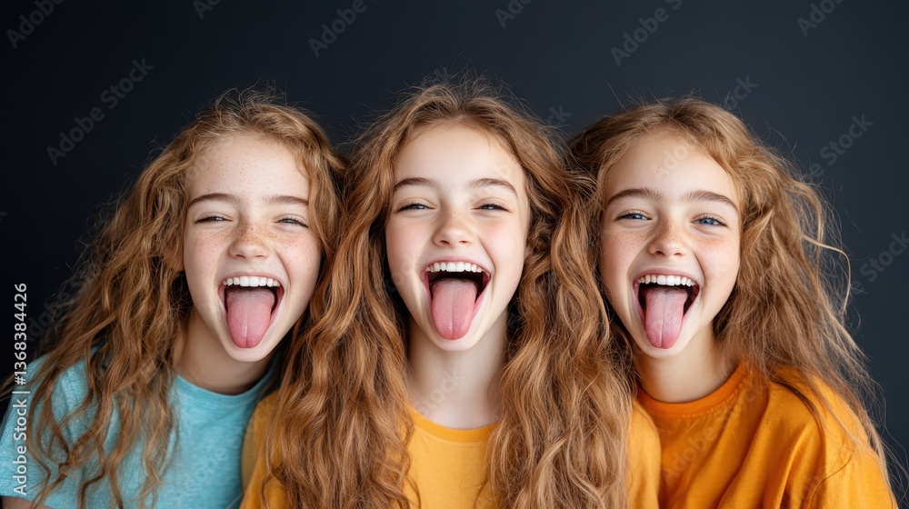 A vibrant and playful photograph capturing three girls with curly hair, smiling brightly and playfully sticking out their tongues against a dark background, showcasing their joy. A vibrant and playful photograph capturing three girls with curly hair, smiling brightly and playfully sticking out their tongues against a dark background, showcasing their joy.