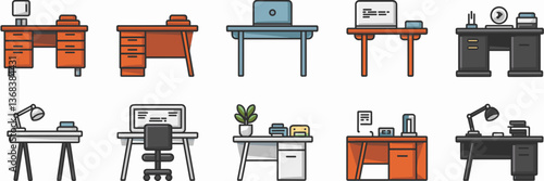 Vector sheet of various desk icons, including wooden, glass, white, and black desks with different accessories