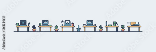 Vector sheet of desk icons featuring desks with laptops, mugs, pens, and plants in a row