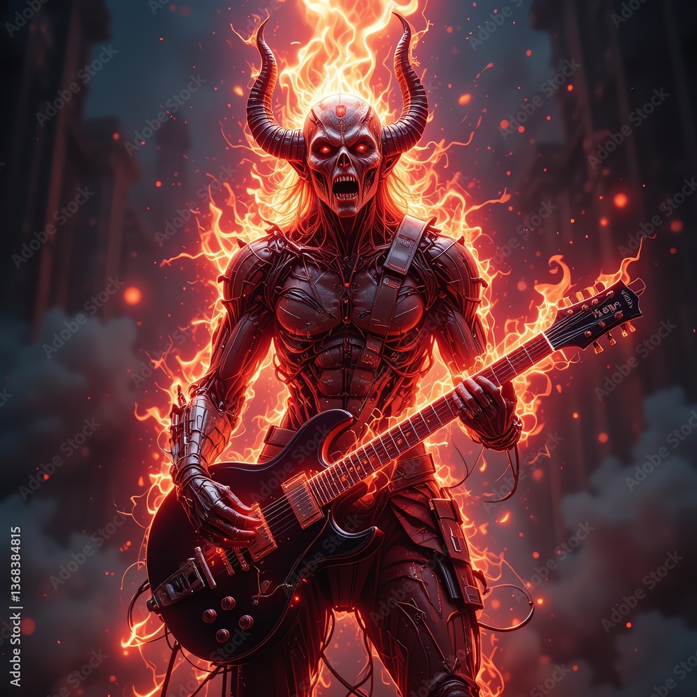 A fiery, demonic character playing guitar in a dramatic, intense atmosphere, embodying themes of music and fantasy. A fiery, demonic character playing guitar in a dramatic, intense atmosphere, embodying themes of music and fantasy.