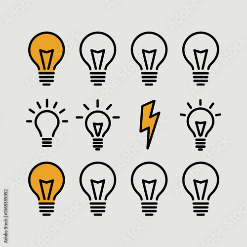 Vector icon sheet of lightbulbs with different illumination stages – Suitable for electrical themes, power concepts, or infographic resources.