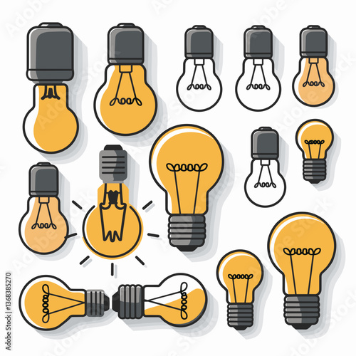 Vector icon sheet of various lightbulbs with filament details – Great for lighting concepts, creativity visuals, or idea representation.