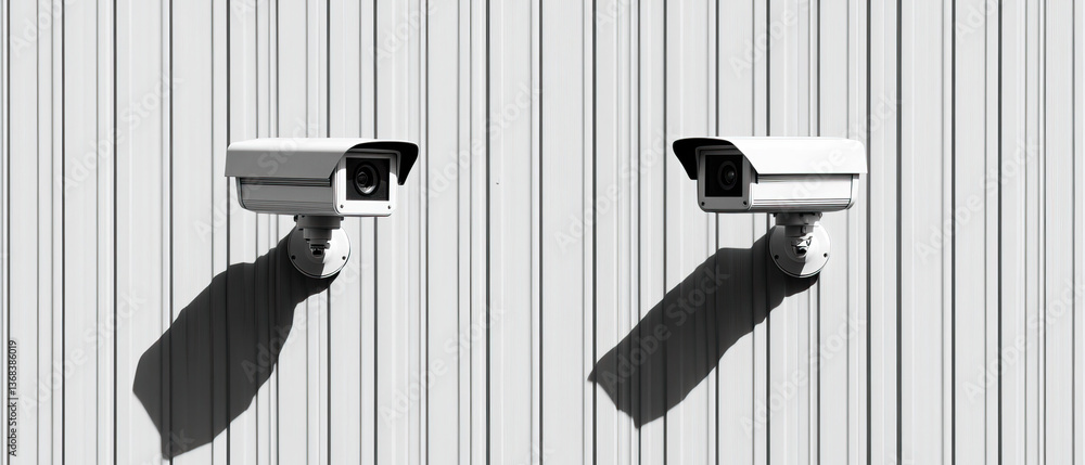 white security camera is mounted wall, providing surveillance and protection. cameras cast distinct shadows, enhancing white security camera is mounted wall, providing surveillance and protection. cameras cast distinct shadows, enhancing