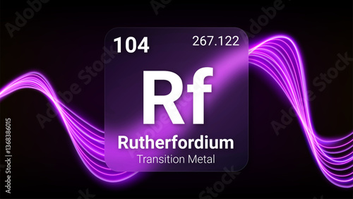 Rutherfordium (Rf) (104) Transition Metal, Glass Morphism Element Futuristic Neon Light Glow Background Periodic Table, Chemical Symbol, Name, Atomic Mass, Atomic Number, Vector Illustration
