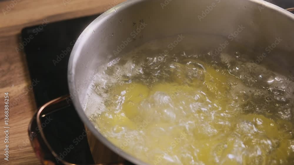 Potatoes boil in a saucepan on the stove Potatoes boil in a saucepan on the stove