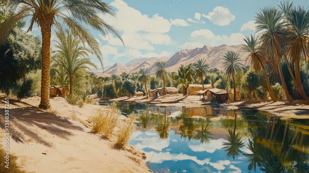 Obraz premium nomads resting in a shaded desert oasis, surrounded by date palms and fresh water