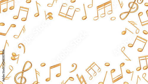 Gold music notes horizonal frame with copy space for text. Golden sound symbols watercolor illustration isolated background. Audio element rectangle border for school design, invitation, greeting card