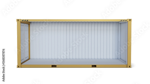 Yellow shipping container with one side wall removed. Side view of container isolated on transparent background. Mock up for packaging goods and storage solutions. 3D illustration