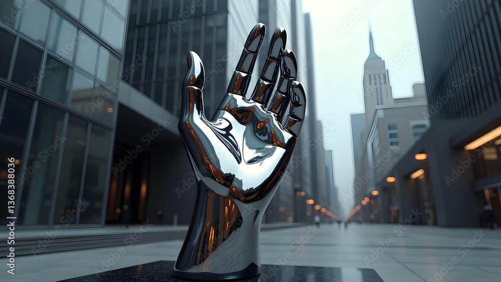 Obraz premium Urban art: A shiny, chrome hand sculpture in the city.