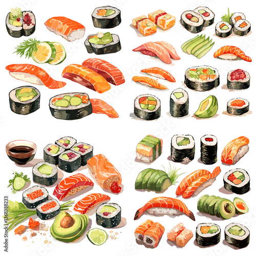 Assorted sushi rolls, nigiri, and sashimi with salmon, tuna, avocado, and rice. Perfect for Japanese cuisine themes, restaurant menus, or seafood illustrations.


