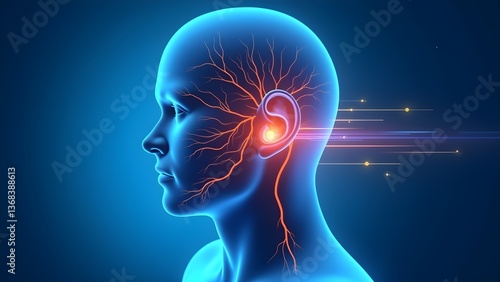 Human Ear Neural Pathways Sending Signals to the Brain Depicted in a Medical Illustration