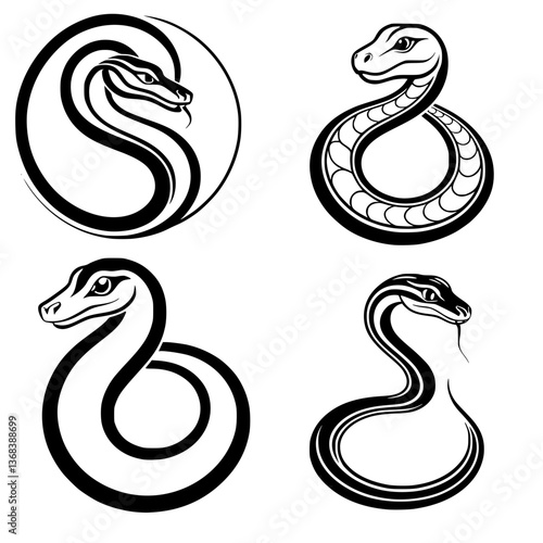Vector Illustration of Multiple Snake Heads with Fangs, Tongues, and Scales in Flat Stylized Reptile Design