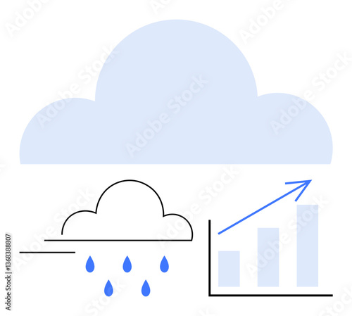 Blue cloud with rain and bar graph showing upward trend. Ideal for growth, data analysis, climate, forecasting, productivity, sustainability, business insights. Flat simple metaphor