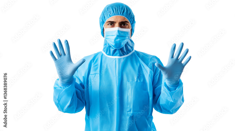 Man in full protective suit with open hands, cut out transparent Man in full protective suit with open hands, cut out transparent