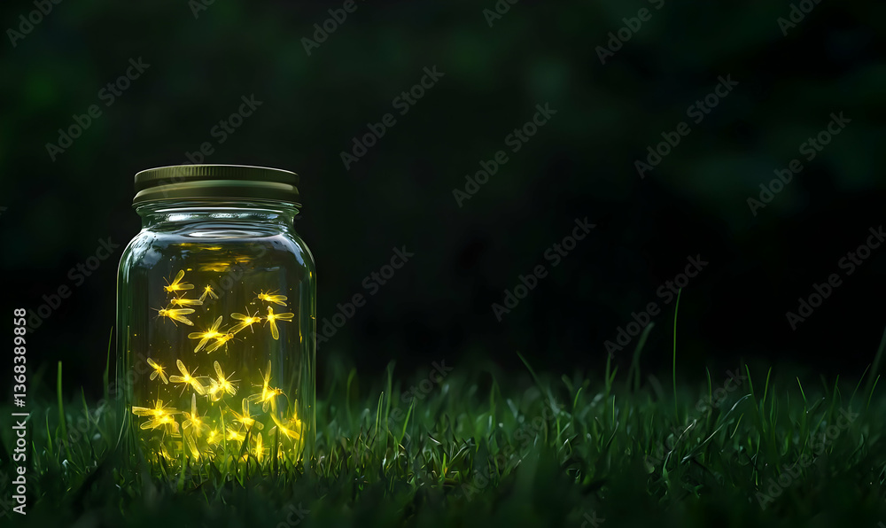 Glow of Fireflies in Jar on Grass Against Dark Background Glow of Fireflies in Jar on Grass Against Dark Background