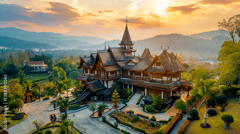Fototapeta premium Aerial view of a stunning traditional house surrounded by mountains and nature, illuminated by a vibrant sunset sky.