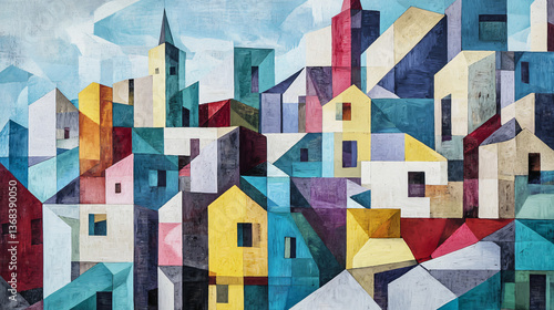 Abstract cityscape artwork depicting a collection of buildings in a cubist style with fragmented forms and layered geometric shapes.