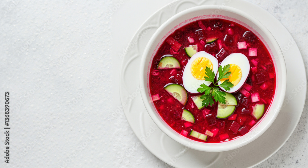 Fresh beetroot soup with eggs and cucumbers in a white bowl Fresh beetroot soup with eggs and cucumbers in a white bowl