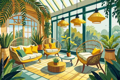 vector of Sunlit Sanctuary: Relaxing boho chic sunroom interior design with wicker chairs, yellow pillows, and lush potted plants. A tranquil space perfect for peace and quiet.