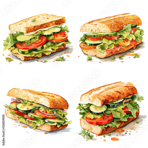 Collection of fresh vegetable sandwiches with lettuce, tomato, cucumber, and whole grain bread. Perfect for healthy food concepts, cafe menus, or vegetarian meal designs.

