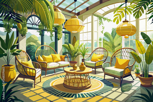 vector of Sunlit Sanctuary: Relaxing boho chic sunroom interior design with wicker chairs, yellow pillows, and lush potted plants. A tranquil space perfect for peace and quiet.
