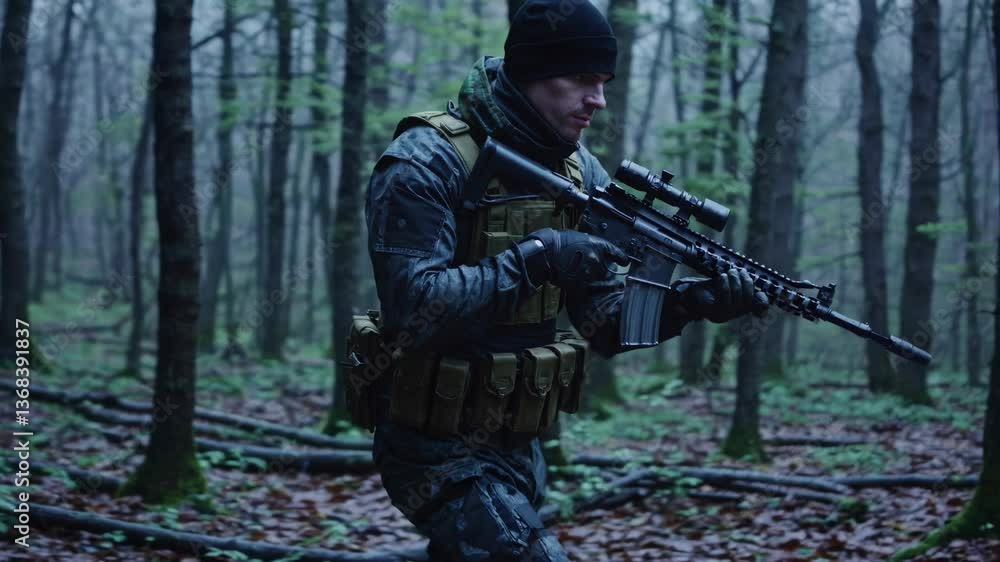 Soldier walking through forest with assault rifle Soldier walking through forest with assault rifle