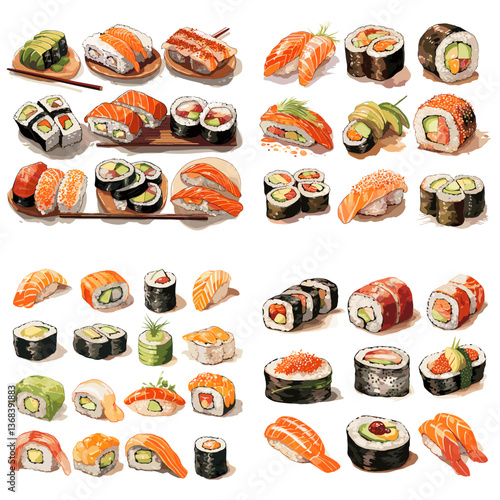 Assorted sushi rolls and nigiri with salmon, tuna, avocado, and seaweed. Perfect for Japanese cuisine designs, restaurant menus, food blogs, or culinary packaging visuals.

