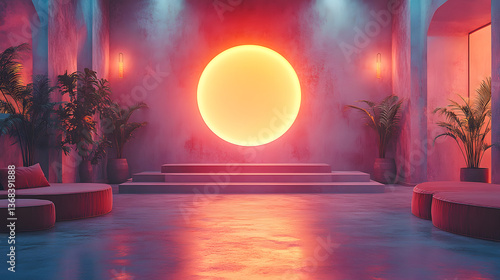 Vibrant modern interior with large sun backdrop, showcasing colorful lighting and plants