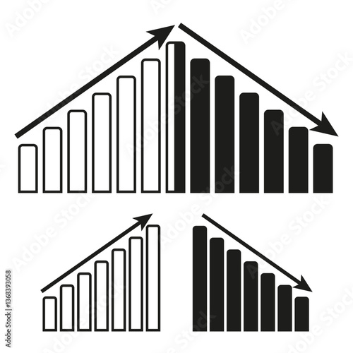 Trend chart icons. Rising and falling bars. Arrow and bar graph. Economic data symbols.