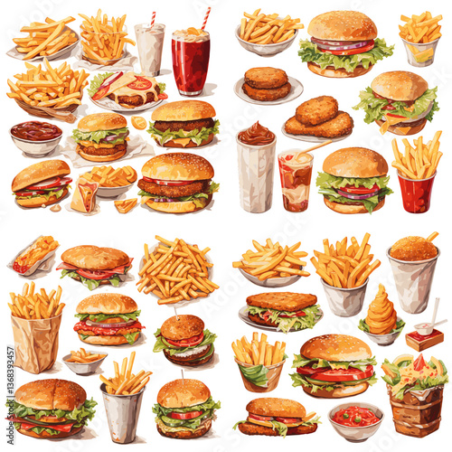 Collection of fast food items including burgers, fries, nuggets, and soft drinks. Ideal for restaurant menus, food delivery ads, or fast food promotional content.

