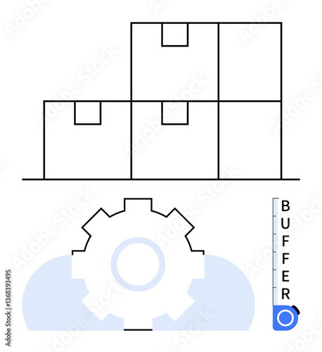 Stacked boxes symbolize inventory, gear represents operations, buffer gauge shows capacity. Ideal for logistics, supply chain, manufacturing, workflow, productivity planning automation. Flat simple
