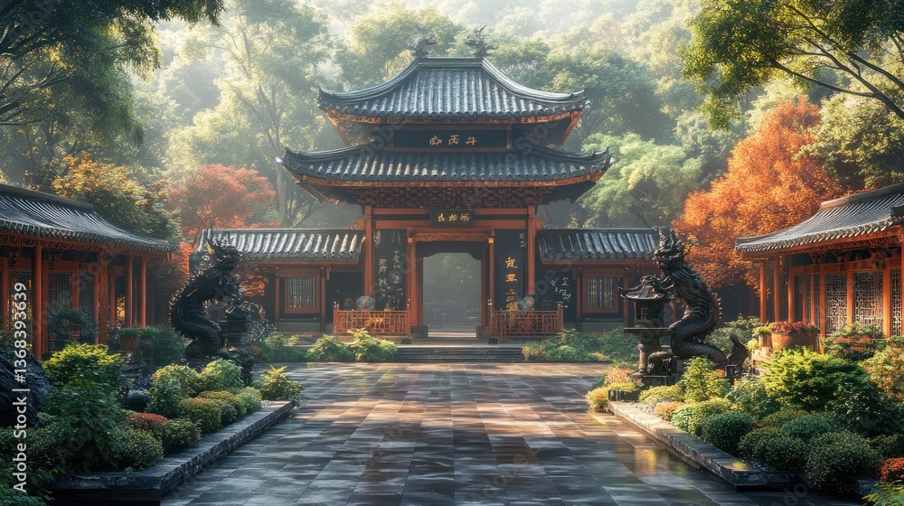 Serene Temple Gateway: A Misty Morning in a Chinese Garden Serene Temple Gateway: A Misty Morning in a Chinese Garden