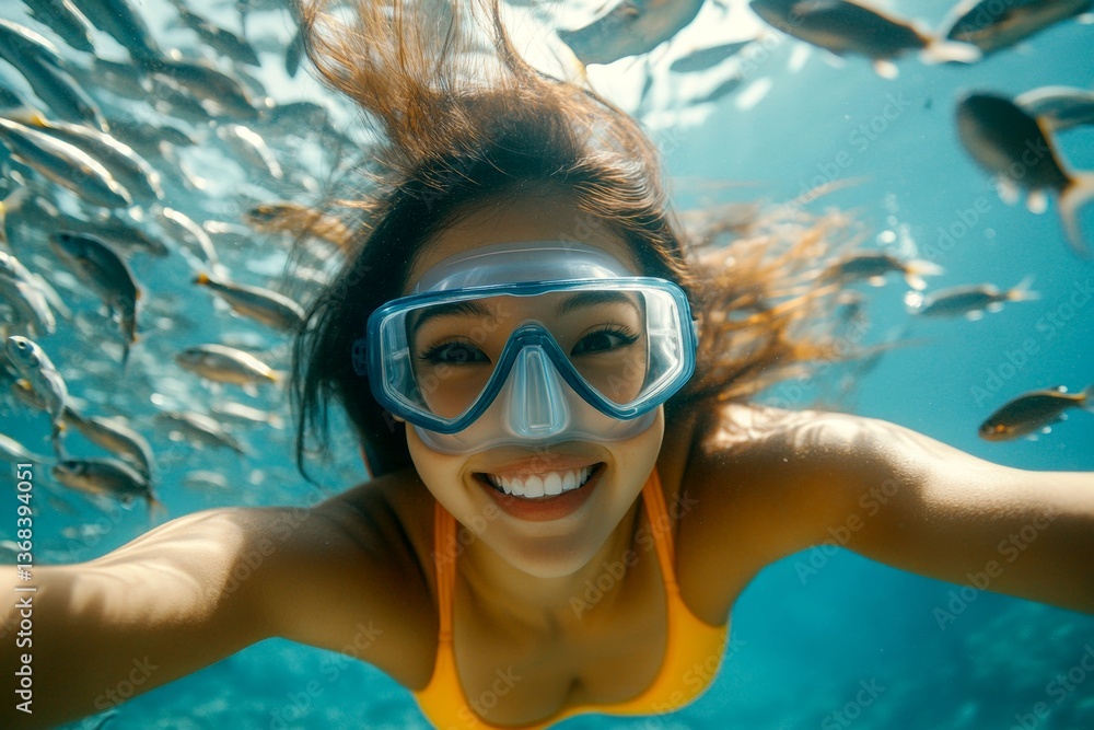 Fototapeta premium Bright commercial style image. Many tropical fish swim next to her. A gorgeous and sexy happy mixed-race young woman with black hair in a swimming mask and fins snorkeling among the corals.