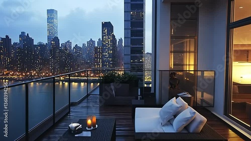 Wallpaper Mural A luxurious apartment balcony overlooking a shimmering cityscape at dusk with cozy lighting. Torontodigital.ca