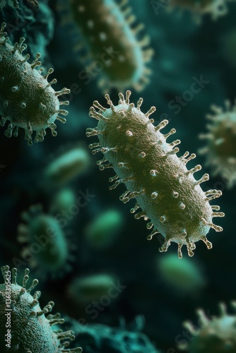 Microscopic View of Green Viruses in Dark Background Detailed 3D Rendering