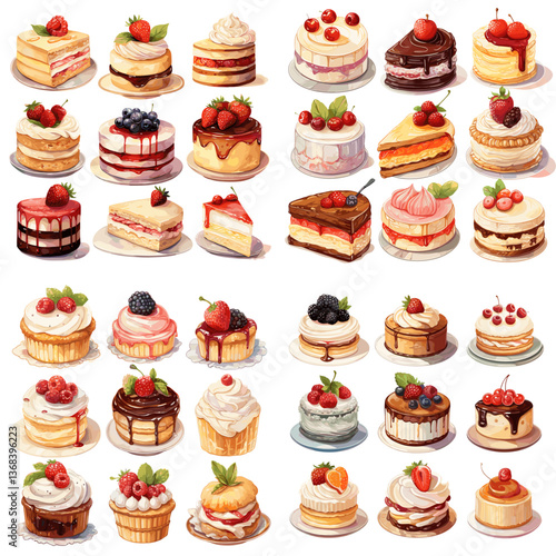 Delicious assortment of mini cakes and pastries with fruits, cream, and chocolate toppings. Colorful dessert collection perfect for bakery, patisserie, or food design.

