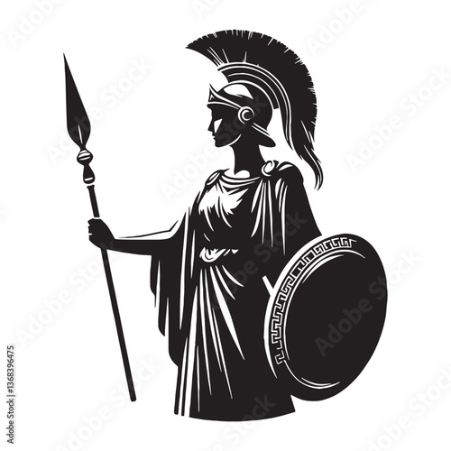 Ornate Athena silhouette, adorned with her mighty aegis - Athena illustration - Athena vector - Greek goddess silhouette

