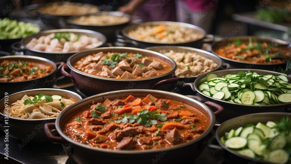 A vibrant display of various stews and dishes in large metal pots at a bustling food market. A vibrant display of various stews and dishes in large metal pots at a bustling food market.